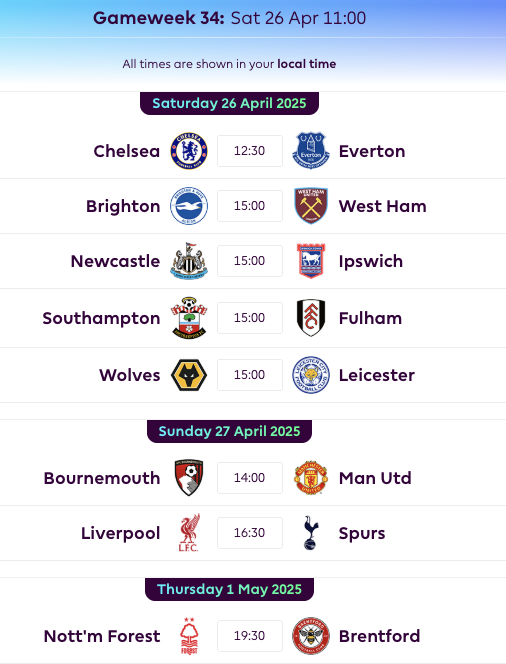 FPL GW34 Fixtures